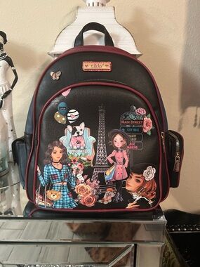 Nicole Lee Black & Burgundy Illustrated  Backpack